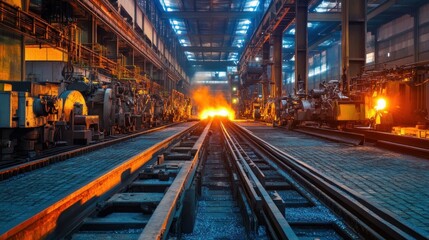 A vibrant industrial scene showcasing railway tracks leading to a fiery furnace in a factory.