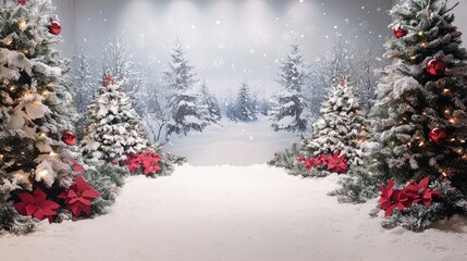 Holiday banners decorating a winter wonderland backdrop, adding a festive touch to the scene