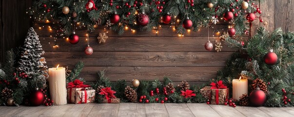 Rustic-themed Christmas backdrop with festive decorations, including wooden accents and warm colors