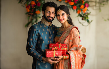 Joyful Indian couple in festive clothes, holding red Diwali gift boxes