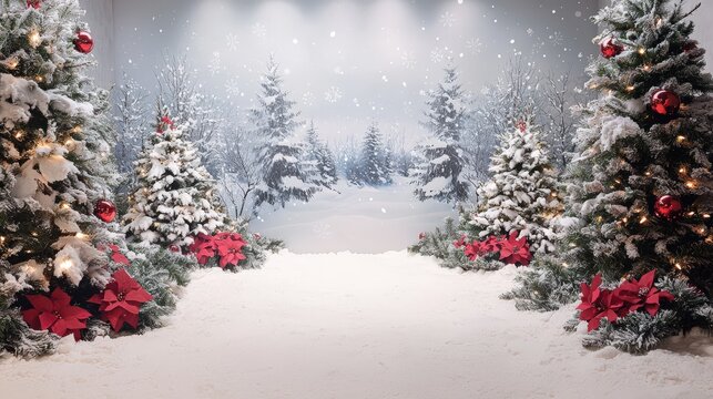 Holiday banners decorating a winter wonderland backdrop, adding a festive touch to the scene