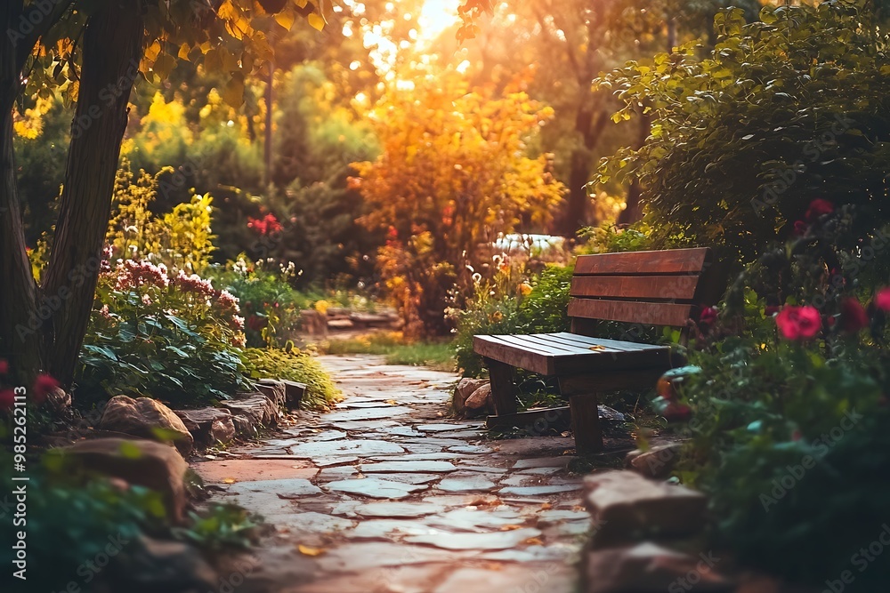 Canvas Prints Scenic Garden Path With Stone Bench, Sunlight Shining Through Tree