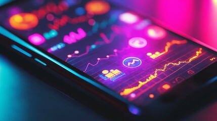 Close-up of a smartphone screen displaying colorful graphs and data.