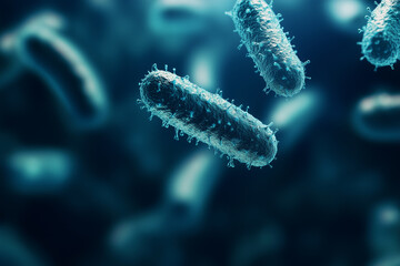 Fototapeta premium Detailed close-up of blue bacteria floating in a dark environment.