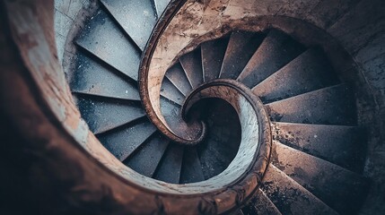 Fototapeta premium A spiral staircase viewed from above, the steps are made of stone and the handrail is ornate.