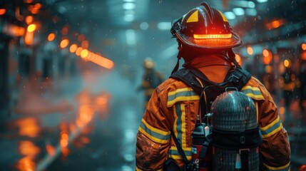 A highly realistic image of a person engaged in Firefighters &ndash; Conducting evacuation drills in office buildings The scene is well-lit, with natural light highlighting the details. The background 