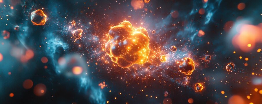 Artistic fusion of nuclear fission and atomic particles, visualizing the complex interplay of forces.