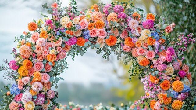 Custom colors available for floral arch backdrops to match the event theme perfectly