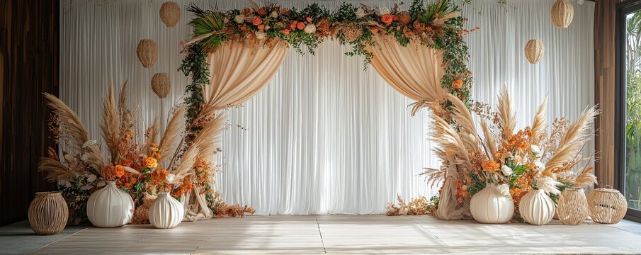 Rustic-themed arch backdrop for event decoration, incorporating natural materials