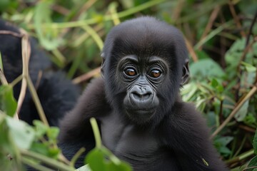 Obraz premium Baby gorilla in Uganda forest. Close-up of a young primate in daylight. Small mammal with fur, playing, surrounded by leaves and plants. Wild animal in nature, African safari scene.