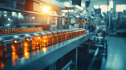Bottles Moving on a Conveyor Belt in a Factory - Realistic Image
