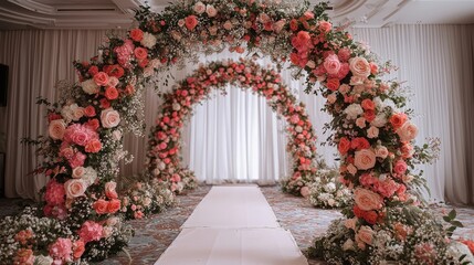 Custom colors available for floral arch backdrops to match the event theme perfectly