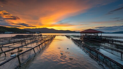 Fototapeta premium A serene sunset over a fish farming area with structures and calm waters.