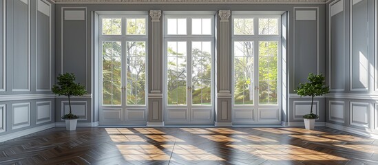 Fototapeta premium Sunlit Interior with French Doors and Elegant Molding. Classical Empty Room Interior 3d Render. Generate Ai Image