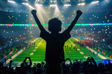 A young boy stands out in a packed stadium, arms raised high in celebration or excitement, amidst the vibrant colors of the lights and blurred forms of players on the field.