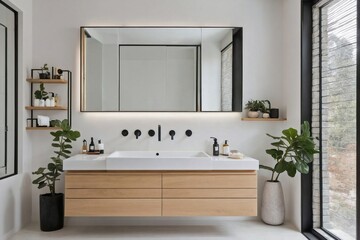 A sleek bathroom with a floating vanity made of light oak wood and a white quartz countertop.
