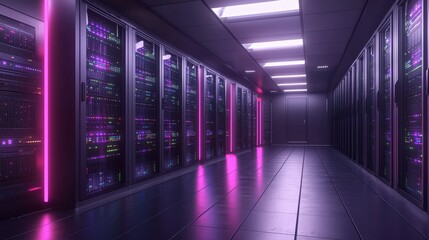 Fototapeta premium A contemporary data center scene, featuring a network of server racks neatly aligned in a spacious room. The racks are adorned with flashing LED lights, and the cool, ambient lighting highlights the