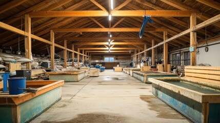 Fototapeta premium A spacious indoor facility with tanks, likely used for aquaculture or marine research.