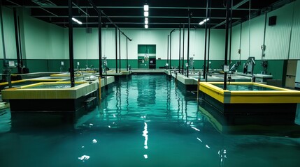 A spacious indoor facility with water tanks for research or aquaculture purposes.