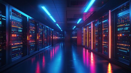 A contemporary data center scene, featuring a network of server racks neatly aligned in a spacious room. The racks are adorned with flashing LED lights, and the cool, ambient lighting highlights the