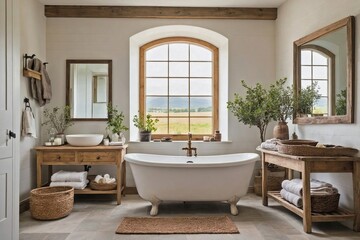 A cozy bathroom featuring white shiplap walls and a deep, vintage-style soaking tub with a curved back.