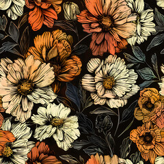 Seamless pattern of flowers with black and orange background.	