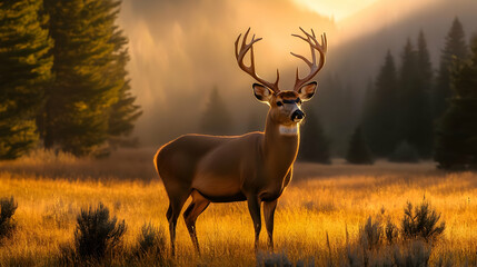 Fototapeta premium Majestic Deer in Golden Sunlight - Realistic Photo