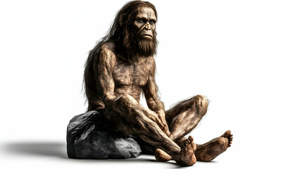 3D Illustration of a Hairy Humanoid Sitting on a Rock