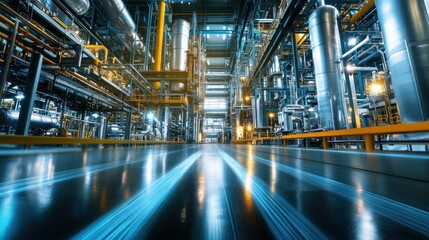 A modern industrial facility featuring pipes, tanks, and lighting for manufacturing processes.