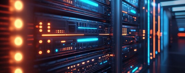 Obraz premium A close-up of server racks in a contemporary data center, each unit glowing with blue LED lights. The clean, organized layout of the room and the advanced technology of the equipment highlight the
