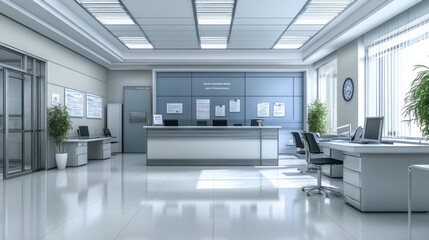 Modern office interior with desks, chairs, and large windows.