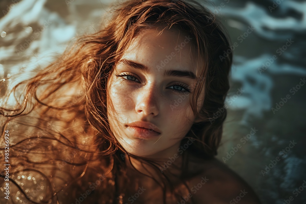 Canvas Prints Closeup portrait of a beautiful woman with red hair in the water