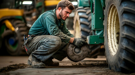 Mechanic Working on Tractor Wheel Realistic Image