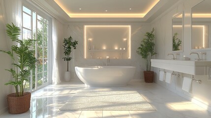 Fototapeta premium Modern bathroom with a freestanding tub and natural light.