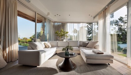 Fototapeta premium A contemporary villa living room with a sleek, monochromatic design, featuring a modular whi