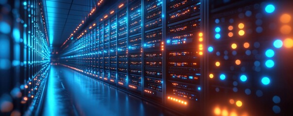 A close-up of server racks in a contemporary data center, each unit glowing with blue LED lights. The clean, organized layout of the room and the advanced technology of the equipment highlight the