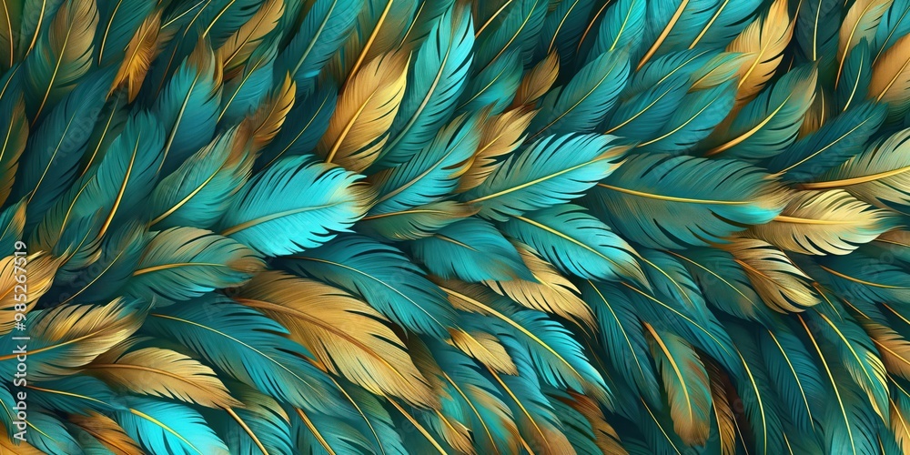 Poster turquoise and golden feathers pattern texture on abstract background. beautiful, decorative, and nat