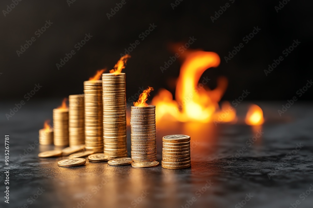 Poster minimalist bar chart, showing decreasing cash flow over time, with subtle flames appearing in the ba