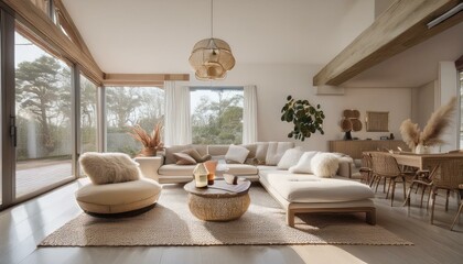 An open-plan villa living room with neutral-toned, soft furnishings, a textured wool rug, an