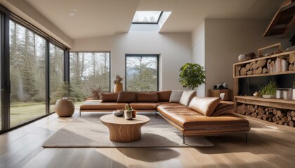  A spacious villa living room with wide-open windows, a low wooden bench serving as a coffee