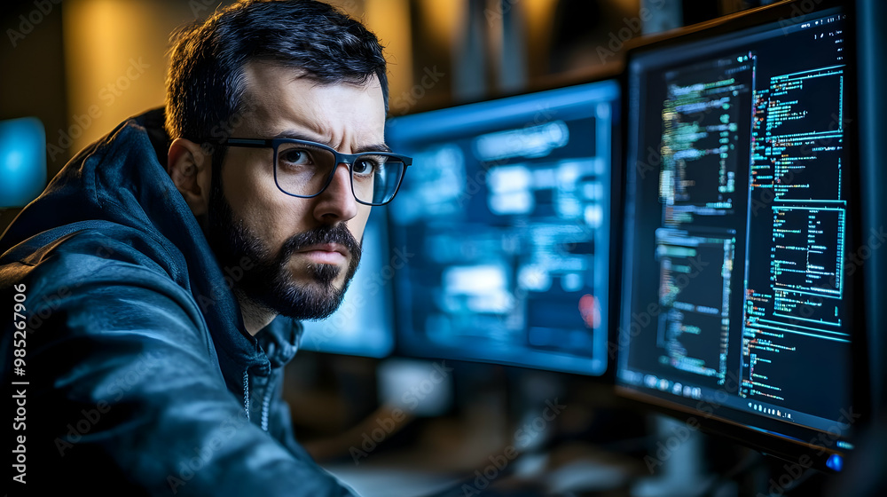 Wall mural focused programmer working late - realistic photo