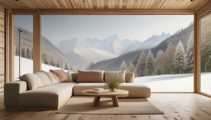  Minimalist chalet-style living room with a corner sofa in soft beige tones, surrounded by li 