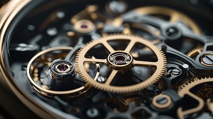 Close-up of intricate watch mechanism with golden gears and black background.