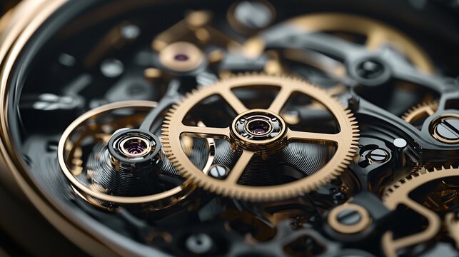 Close-up of intricate watch mechanism with golden gears and black background.