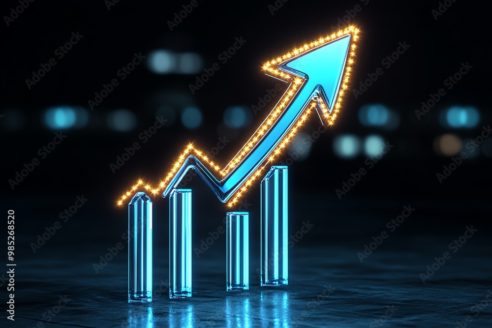 Poster minimalist business accelerator icon, with an upward arrow and glowing lines representing growth and