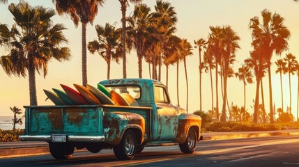 Vintage Pickup Truck with Surfboards on Coastal Road