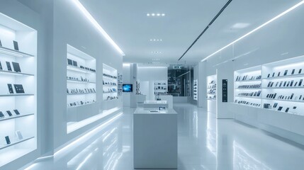 A modern showroom displaying various electronic devices in a sleek, minimalist environment.