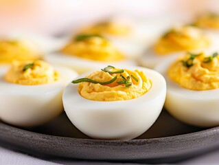 A platter of deviled eggs on an outdoor table ready for a party. 