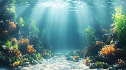Obraz premium Underwater scene with vibrant corals and sunlight rays.
