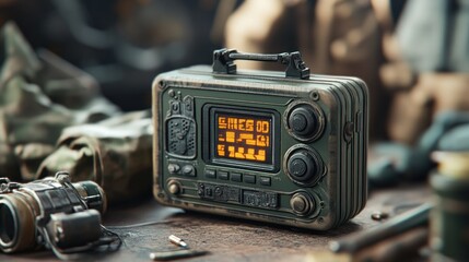 A vintage radio with an orange display, surrounded by various equipment and tools.